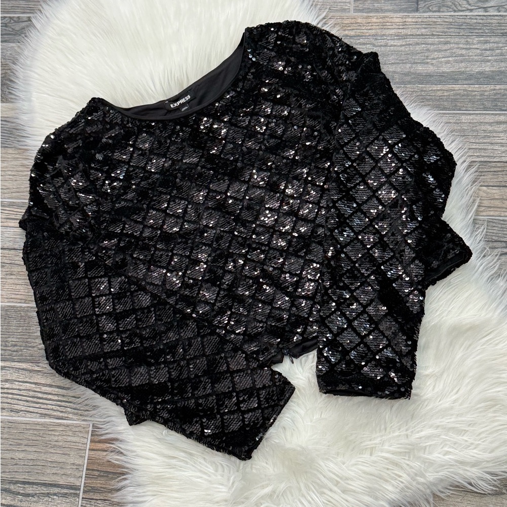 Express Black Sequin Diamond Pattern Cropped Long… - image 5